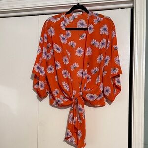 Black Bead Orange Floral Tie-Front Blouse